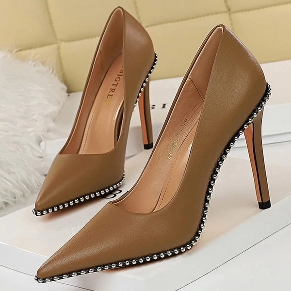 BIGTREE Shoes Sexy Rivets String Bead Women Pumps Pu Leather Shoes High Heels Women Office Shoes Stiletto Ladies Plus Size 43