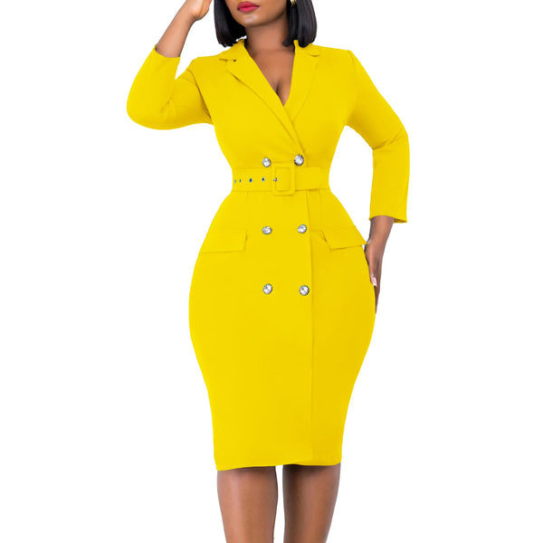 Yellow Elegant Fashion Office Dress Women 2024 Autumn Robe Double Breasted Notched Long Sleeve Party Prom Dresses with Belts 3XL