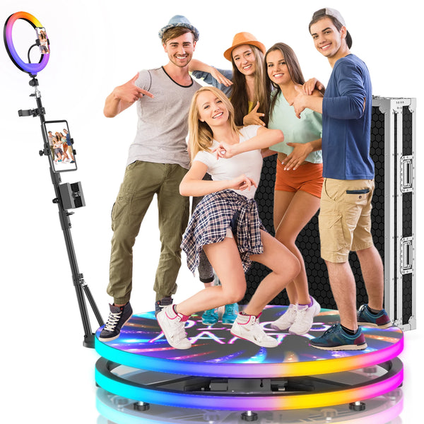 360 Photo Booth for Events with Flight Case Automatic 360 Photo Booth Machine with RGB Ring Light APP/Remote Control for Parties