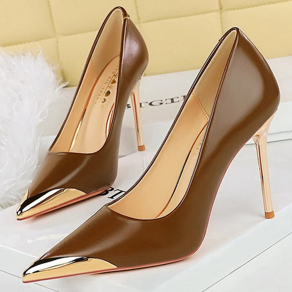 BIGTREE Shoes Retro High Heels Metal Pointed Tip Women Pumps Stiletto 9.5 Cm And 4.5cm Heels Sexy Party Shoes Office Shoes