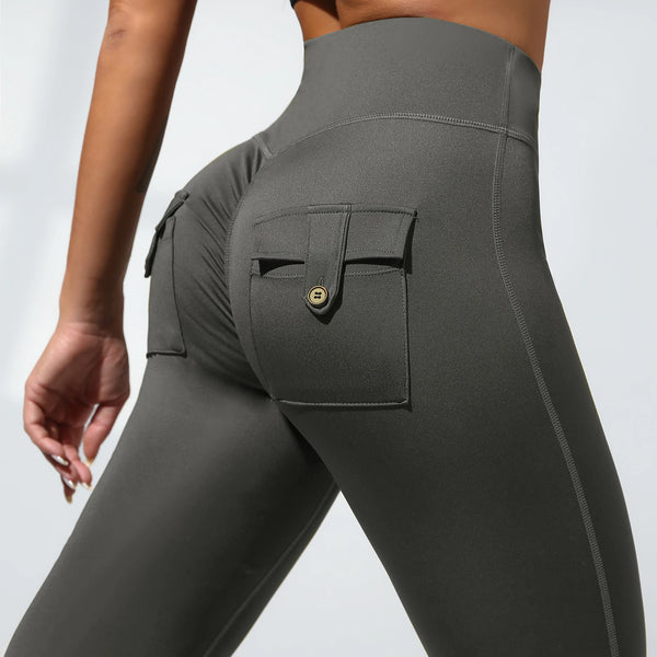 Women Pocket Cargo Yoga High Waist Leggings Scrunch Booty Workout Athletic Gym Bottoms Quick Drying Running Fitness Sports Pants
