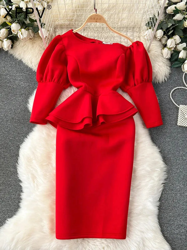 XFPV Women's Red  Party High Oblique Shoulder puff Sleeve Waist Wrap Hip Dress Vestidos Korean Fashion Autumn Winter 2025 SM9344