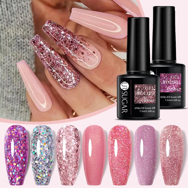 UR SUGAR 7.5ml Pink Series Glitter Gel Nail Polish Winter Semi Permanent Soak Off UV Gel Varnish Sparkle Nail Art Manicure