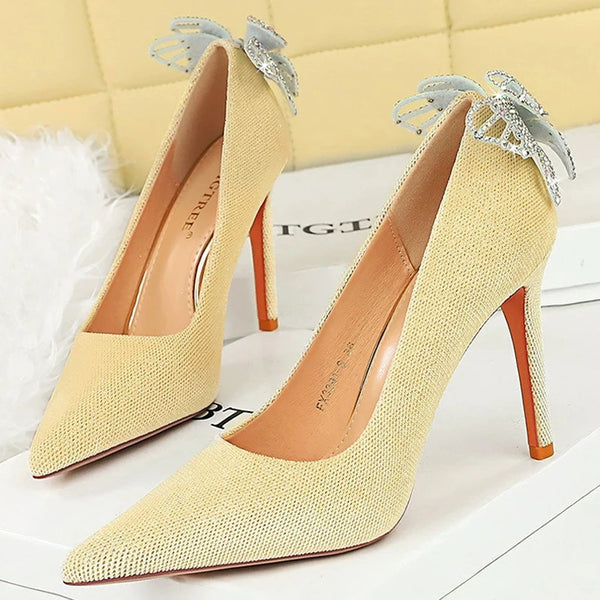 BIGTREE Shoes bowknot after rhinestone Women Pumps Luxury banquet shoes Fashion high heels Stiletto 10 cm Suede Women Heels sexy