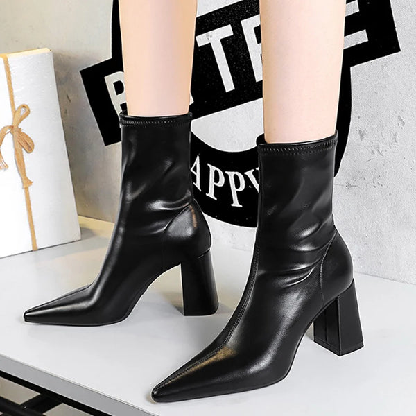 BIGTREE Autumn Winter Shoes Women Leather Boots Pointed Toe Heel High Heel Boots Thick Heel Women's Ankle Boots Plus Size 43