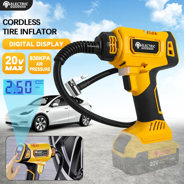 830kpa Cordless Yellow Air Pump Car Tire Air Pump Digital Display Equipped With Led Light For Dewalt 20v Battery