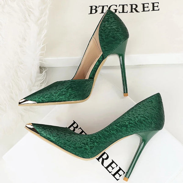 BIGTREE shoes New silks satins Design Women Pumps Metal pointed tip High Heels 10.5 cm stilettos Sexy party shoes Large size 43