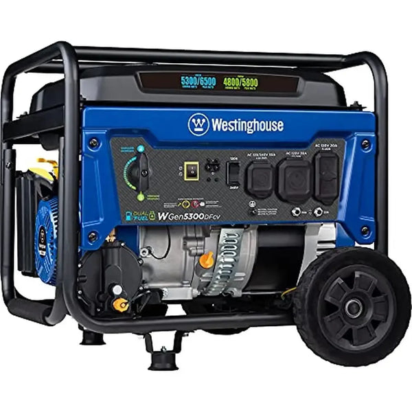 Portable Dual Fuel Generator 6500W RV Ready CO Sensor Transfer Switch Gasoline Propane 4.7 Gallon Tank 120/240V Select