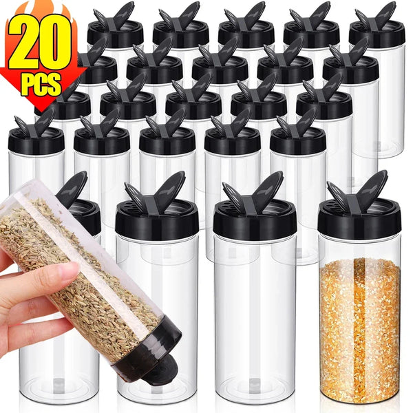 1-20Pcs Spice Jars With Shaker Lids Plastic Clear Seasoning Bottle For Herbs Powders Salt Pepper BBQ Condiment Box Kitchen Tools