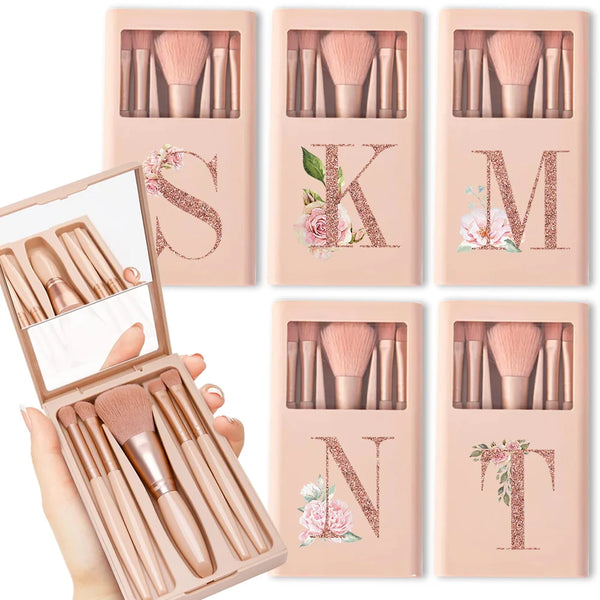 5pcs Travel Cosmetic Brush Kit With Mirror Makeup Brush Set Bag Portable Organizer Box Beauty Tool Case Rose Gold Letter Pattern