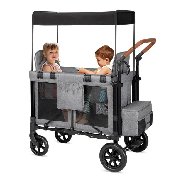 Custom 2024 Outdoor Luxury Travel Camping Folding Hevy Duty Twin Baby 2 Seats Wagon Stroller With Canopy Storage Box For Kids