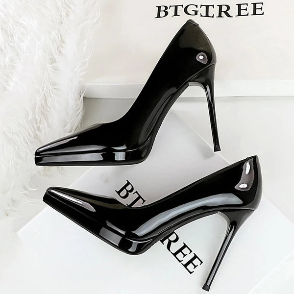 BIGTREE Shoes 10.5 cm Platform Pumps Women Shoes patent leather High Heels Stiletto pointed end Women Heels Sexy party shoes