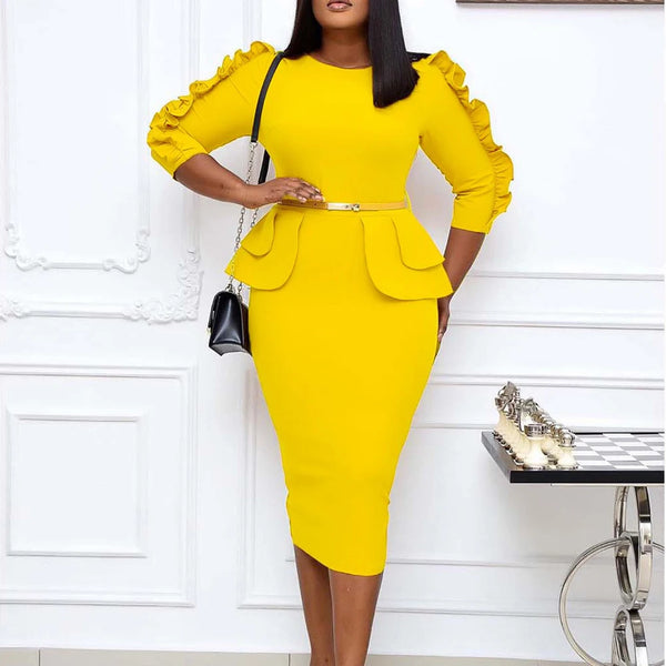 Elegant Office Dress for Women Professional Round Neck Three Quarter Sleeve Belt Waisted Package Hips Mid Calf Formal Work Dress