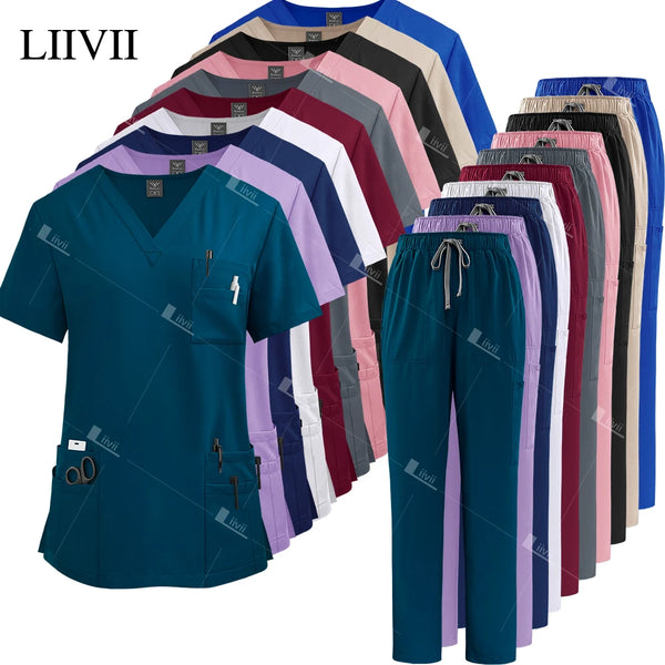 New Nurse Uniforms Elasticity Tops Pants Woman Man Scrubs Set Straight Trousers Dental Hospital Clinic Workwear Medical Uniforms