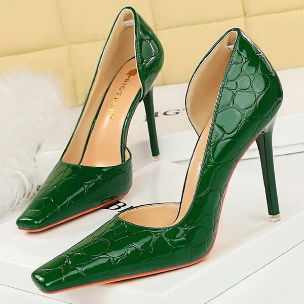 BIGTREE Shoes Retro Women Pumps Patent Leather Stone Pattern High Heels Square Head Stilettos Ladies Shoes Large Size 42 43
