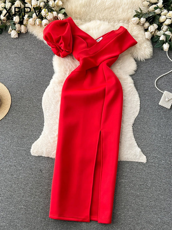 XFPV Women Oblique Collar Off Shoulder Puff Sleeve High Waist Split Banquet Long Dress Vestidos Korean Spring Summer 2025 SM8168