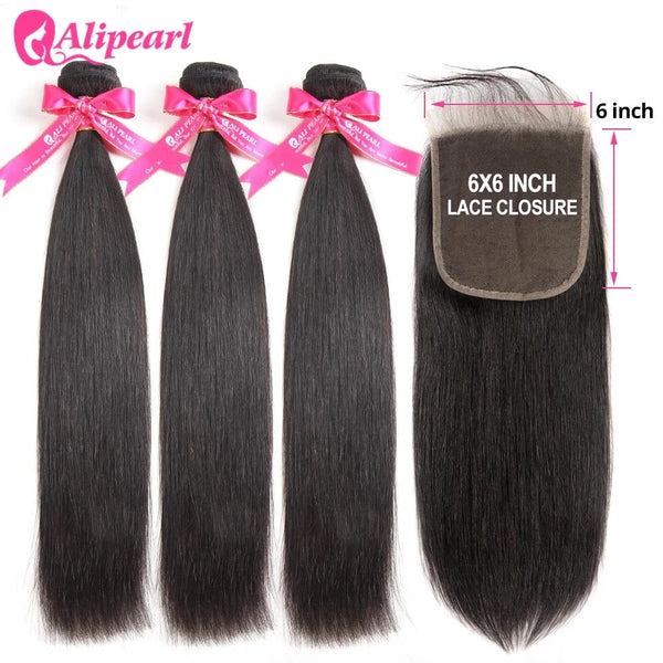 AliPearl Hair Straight Human Hair Bundles With 6x6 Closure Brazilian Human Hair Weave 3 Bundles with Transparent Lace Closure