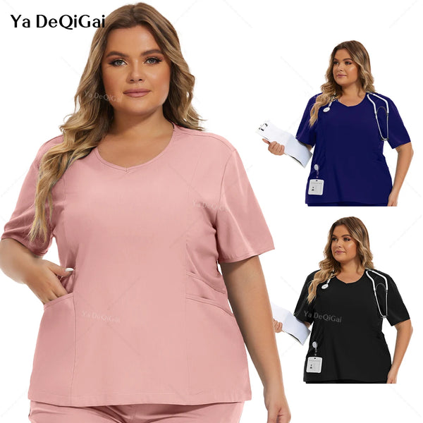 Medical Nurse Uniforms Nursing Scrubs Tops For Women Short Sleeve XXL Beauty Work Blouse Pockets Surgical Uniform Clinical Shirt