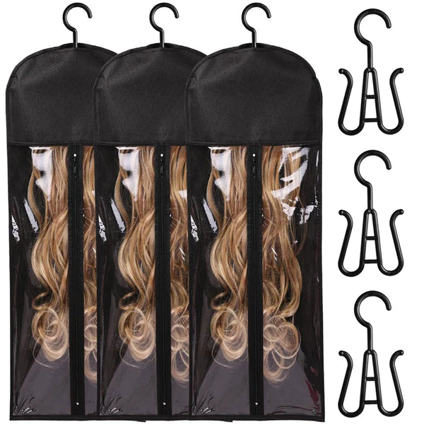Long Hair Extensions Storage Bag Non-Woven Dust Proof Wigs Carrier Bags With Plastic Hanger For Home Salon Organizer Pink/Black