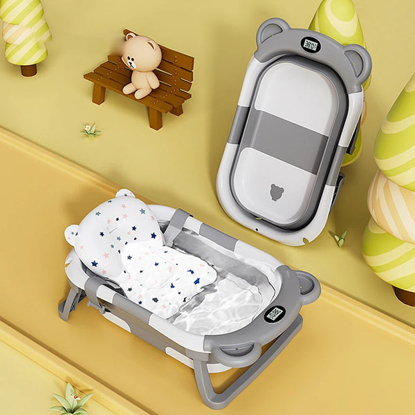 Baby Bathtub Real-Time Temperature Display Bathroom Basket Tub Foldable Bathtub with Cushion Support Travel Bathtub Silicone